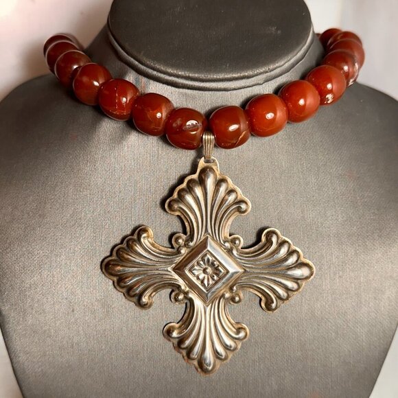 Maltese Cross Sterling Silver Carnelian Choker Necklace 925 Victorian Gift - Picture 3 of 8